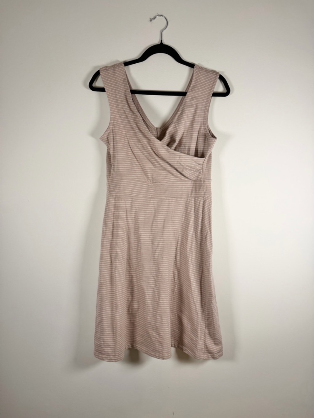 Patagonia Sleeveless Faux-Wrap Midi Dress in Light Taupe Stripe